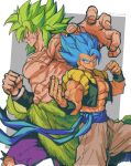  2boys abs absurdres angry arm_up artist_name baggy_pants bare_shoulders black_sash black_vest black_wristband blue_eyes blue_hair broly_(dragon_ball_super) cape clenched_hand clenched_teeth closed_mouth cowboy_shot dragon_ball dragon_ball_super dragon_ball_super_broly fighting_stance fur_cape gogeta green_cape green_hair grey_background hand_up highres legendary_super_saiyan looking_at_viewer male_focus metamoran_vest multiple_boys muscular muscular_male open_clothes open_vest pants pectorals profile relio_db318 sash scar scar_on_cheek scar_on_chest scar_on_face scar_on_stomach simple_background smile smirk spiked_hair super_saiyan super_saiyan_blue teeth topless_male twitter_username two-tone_background v-shaped_eyebrows veins vest waist_cape white_background white_pants wristband 