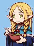  1girl bangs beeru_(veil8801) blonde_hair blue_background blue_hood blue_robe bowl braid closed_mouth dungeon_meshi eating elf food green_eyes highres holding holding_bowl long_hair long_sleeves looking_at_viewer marcille pointy_ears robe solo twin_braids upper_body 