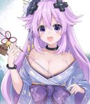  1girl adult_neptune alternate_costume arrow_(projectile) bare_shoulders blush breasts choker cleavage d-pad d-pad_hair_ornament floral_print giga-tera hair_ornament hamaya holding holding_arrow japanese_clothes kimono long_hair medium_breasts neptune_(series) new_year no_bra off_shoulder open_mouth purple_eyes purple_hair smile solo very_long_hair yukata 