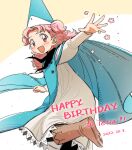  1girl blue_headwear boots brown_footwear character_name cloak dated dress flower happy_birthday hat highres long_hair long_sleeves looking_at_viewer open_mouth pink_hair qifrey&#039;s_atelier_apprentice_uniform smile solo tethia_(tongari_boushi_no_atelier) tongari_boushi_no_atelier two_side_up white_dress wizard_hat yongji_(moli1023) 