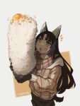  +_+ 1girl absurdres animal_ear_fluff animal_ears arknights bangs black_gloves black_hair black_pants blush bowl dog_ears dog_girl dog_tail egg_(food) egg_yolk facial_mark food forehead_mark gloves highres holding holding_bowl holding_food hood hoodie long_hair long_sleeves open_mouth orange_eyes pants plaid plaid_hoodie plaid_scarf rice rice_bowl saga_(arknights) scarf sidelocks signature solo symbol-shaped_pupils tail togekk0 white_background 