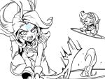  2girls :d arm_up attack bangs blush capelet diana_(league_of_legends) english_commentary facial_mark forehead_mark greyscale league_of_legends long_hair long_sleeves monochrome multiple_girls open_mouth phantom_ix_row portal_(object) smile snowflakes teeth winterblessed_diana winterblessed_zoe zoe_(league_of_legends) 