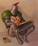  1boy armor chainmail dark_souls_(series) dark_souls_i full_armor heart helm helmet highres holding holding_shield male_focus paintbrush painting_(action) plume shield sitting sleepysolaire solaire_of_astora solo tabard 