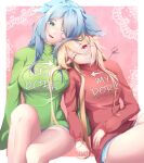  2girls absurdres alt_text blonde_hair blue_eyes blue_hair blue_shorts blush breasts dragon_girl dragon_wings elira_pendora english_commentary fangs green_shirt head_wings heterochromia highres holding_hands large_breasts long_hair looking_at_viewer medium_breasts multiple_girls nijisanji nijisanji_en on_shoulder one_eye_closed open_mouth pointy_ears pomu_rainpuff red_eyes red_shirt shirt short_shorts shorts smile syxh text_print virtual_youtuber wings 