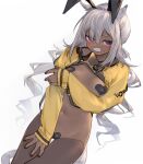  1girl animal_ears arknights breasts camel_ears camel_girl coat covered_nipples covering covering_breasts covering_crotch dark-skinned_female dark_skin embarrassed fake_animal_ears heart_pasties highres kochiya_(gothope) long_hair low_twintails meme_attire open_mouth pasties playboy_bunny purple_eyes rabbit_ears revealing_clothes reverse_bunnysuit reverse_outfit shrug_(clothing) small_breasts standing tuye_(arknights) twintails white_background white_hair yellow_coat 