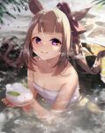  1girl animal_ears bangs bare_arms bare_shoulders blurry blurry_background blush bow braid brown_bow brown_hair closed_mouth collarbone commentary_request depth_of_field hair_bow hair_rings highres holding horse_ears long_hair looking_at_viewer naked_towel onsen outdoors partially_submerged purple_eyes smile snow snow_bunny solo steam sweep_tosho_(umamusume) towel twintails umamusume water wet yuuji_(yukimimi) 