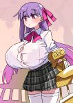  1girl absurdres akitokage bangs black_skirt blush breasts bursting_breasts button_gap claws collared_shirt fate/extra fate/extra_ccc fate/grand_order fate_(series) hair_ribbon highres huge_breasts long_hair passionlip_(fate) pink_eyes pink_ribbon purple_hair ribbon shirt short_sleeves skirt solo thighhighs thighs very_long_hair white_shirt white_thighhighs 