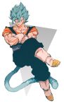  1boy absurdres artist_name biceps blue_eyes blue_hair boots collarbone crossed_arms crossed_legs dougi dragon_ball dragon_ball_super earrings full_body gloves grey_background grey_sash hair_between_eyes highres invisible_chair jewelry looking_away male_focus monkey_tail muscular muscular_male orange_shirt parted_lips potara_earrings relio_db318 sash shirt short_sleeves simple_background sitting smile solo spiked_hair super_saiyan super_saiyan_blue tail teeth twitter_username two-tone_background v-shaped_eyebrows vegetto veins white_background white_footwear white_gloves 