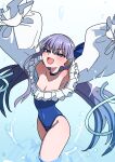  1girl absurdres akitokage armpits arms_up bangs bare_shoulders blue_eyes blue_ribbon blush breasts choker collarbone fate/grand_order fate_(series) frills hair_ribbon highleg highleg_swimsuit highres long_hair long_sleeves looking_at_viewer meltryllis_(fate) meltryllis_(swimsuit_lancer)_(fate) meltryllis_(swimsuit_lancer)_(second_ascension)_(fate) off-shoulder_one-piece_swimsuit off_shoulder one-piece_swimsuit open_mouth puffy_sleeves purple_hair ribbon sleeves_past_fingers sleeves_past_wrists small_breasts smile solo swimsuit thighs very_long_hair wading water wet 