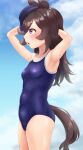  1girl absurdres animal_ears armpits arms_behind_head black_hair blue_headwear blue_one-piece_swimsuit blue_sky breasts cloud commentary_request competition_school_swimsuit cowboy_shot highres horse_ears horse_tail long_hair naka_ushiro one-piece_swimsuit profile purple_eyes rice_shower_(umamusume) school_swimsuit sky small_breasts solo swimsuit tail tilted_headwear umamusume wet wet_clothes wet_swimsuit 
