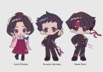  1girl 2boys ace_attorney armband bangs black_hair black_jacket brown_eyes brown_hair character_name chibi closed_mouth dated full_body grey_background hair_rings hakama hands_on_hips highres jacket japanese_clothes kazuma_asogi kimono long_sleeves looking_at_viewer male_focus mameeekueya multiple_boys open_mouth pants pink_kimono pointing ryunosuke_naruhodo school_uniform short_hair simple_background smile standing susato_mikotoba sword the_great_ace_attorney twitter_username weapon 
