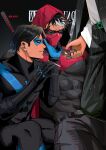  3boys bara batman_(series) belt black_belt black_bodysuit black_hair black_pants black_shirt blue_bodysuit bodysuit cigarette dc_comics dick_grayson domino_mask doufujintianxianle highres holding holding_cigarette holding_lighter hood jason_todd large_pectorals lighter male_focus mask mouth_mask multicolored_hair multiple_boys muscular muscular_male nightwing pants pectorals red_hood_(dc) shirt short_hair two-tone_bodysuit two-tone_hair white_hair yaoi 