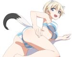  1girl animal_ears ass bikini blonde_hair blue_eyes blue_stripes blush brave_witches breasts large_breasts looking_at_viewer nanashino nikka_edvardine_katajainen open_mouth shiny shiny_hair short_hair simple_background smile solo striped striped_bikini swimsuit tail weasel_ears weasel_tail white_background white_stripes world_witches_series 
