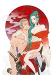  1boy 1girl aqua_hair artist_request closed_mouth couple green_hair image_sample japanese_clothes jewelry kouzuki_hiyori long_hair looking_at_another non-web_source one_piece roronoa_zoro short_hair traditional_clothes zerochan_sample 