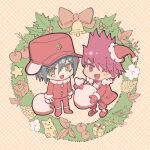  2boys :d ;d absurdres bangs blush brown_eyes chibi christmas_ornaments danganronpa_(series) danganronpa_v3:_killing_harmony fur_collar hat highres holding holding_sack jacket long_sleeves male_focus momota_kaito multiple_boys one_eye_closed open_clothes open_jacket open_mouth pants pink_hair red_headwear red_jacket red_pants sack saihara_shuuichi santa_hat shoes smile visket53 