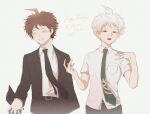  2boys :o absurdres archetto_l bangs black_gloves black_jacket black_necktie black_pants blush character_name cowboy_shot danganronpa_(series) danganronpa_2:_goodbye_despair danganronpa_3_(anime) gloves grin hands_up happy_birthday highres hinata_hajime hinata_hajime_(awakened) holding_hands jacket long_sleeves multiple_boys necktie open_clothes open_jacket open_mouth pants red_eyes shirt short_sleeves simple_background smile teeth upper_teeth_only white_hair white_shirt 