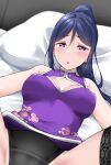  1girl :o bed_frame black_panties black_thighhighs blue_hair blush breasts china_dress chinese_clothes cleavage cleavage_cutout clothing_cutout dress embarrassed floral_print hair_between_eyes high_ponytail highres lace_thighhighs light_particles long_hair love_live! love_live!_sunshine!! lying matsuura_kanan medium_breasts on_back on_bed open_mouth out_of_frame panties pillow ponytail purple_dress purple_eyes sleeveless sleeveless_dress solo spread_legs thighhighs underwear yopparai_oni 