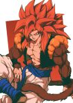  1boy abs absurdres artist_name baggy_pants biceps black_nails black_vest black_wristband blue_eyes blue_sash body_fur collarbone crossed_legs dragon_ball dragon_ball_gt fingernails gogeta highres long_hair looking_at_viewer male_focus metamoran_vest monkey_tail muscular muscular_male nail_polish open_clothes open_vest pants parted_lips pectorals red_background red_fur red_hair relio_db318 sash simple_background sitting smile smirk solo spiked_hair super_saiyan super_saiyan_4 tail twitter_username two-tone_background v-shaped_eyebrows vest white_background white_pants wristband 