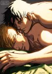  2boys bad_id bad_tumblr_id bara black_hair blonde_hair completely_nude contemporary couple cris_art facial_hair hand_on_another&#039;s_chest happy hulkling long_sideburns lying male_focus marvel mature_male multiple_boys muscular muscular_male nude on_bed on_stomach short_hair sideburns sleeping sleeping_on_person smile stubble sunlight wiccan yaoi 