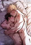  2boys bad_id bad_tumblr_id bara black_hair blonde_hair blush completely_nude couple cris_art earrings feet_out_of_frame from_above happy hug hulkling jewelry long_sideburns lying male_focus male_pubic_hair marvel multiple_boys muscular muscular_male nude on_bed on_side pectorals pillow pubic_hair short_hair sideburns smile wiccan yaoi 