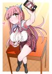  1girl absurdres akitokage bangs black_socks blush breasts bursting_breasts button_gap cellphone cellphone_picture cleavage collared_shirt fate/grand_order fate_(series) heart highres kneehighs large_breasts long_hair medb_(fate) one_eye_closed phone pink_hair plaid plaid_skirt red_skirt selfie shirt short_sleeves skirt socks solo thighhighs thighs tiara v white_shirt yellow_eyes 