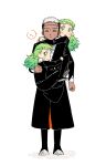  3boys absurdres black_dress brothers carrying carrying_person closed_eyes closed_mouth dark-skinned_male dark_skin dress ekoh_(tongari_boushi_no_atelier) etoran_(tongari_boushi_no_atelier) galga_(tongari_boushi_no_atelier) green_eyes green_hair highres long_hair long_sleeves looking_at_another looking_at_viewer multiple_boys open_mouth short_hair siblings sitting smile sweatdrop tongari_boushi_no_atelier twins white_background white_hair yongji_(moli1023) 