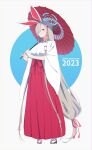  1girl 2023 absurdly_long_hair animal_ears asuna_(blue_archive) azegome blue_archive highres japanese_clothes kimono long_hair low-tied_long_hair miko new_year pinky_out rabbit_ears umbrella very_long_hair white_background 