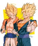  2boys abs absurdres arm_up artist_name baggy_pants bare_shoulders biceps black_vest black_wristband blonde_hair blue_eyes blue_sash blush clenched_hand closed_mouth dougi dragon_ball dragon_ball_z earrings frown gloves gogeta hair_between_eyes halo highres jewelry looking_away male_focus metamoran_vest multiple_boys muscular muscular_male one_eye_closed open_clothes open_mouth open_vest orange_shirt pants pectorals potara_earrings purple_sash relio_db318 sash shirt short_sleeves simple_background smile spiked_hair super_saiyan super_saiyan_1 sweat teeth twitter_username two-tone_background v-shaped_eyebrows vegetto vest white_background white_gloves white_pants wristband yellow_background 