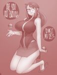  1girl bare_shoulders breasts collared_shirt ekz_(robotekz) english_text glasses high_heels holding holding_poke_ball kneeling large_breasts lorelei_(pokemon) pencil_skirt poke_ball pokemon pokemon_(game) pokemon_rgby ponytail shirt skirt sleeveless speech_bubble 