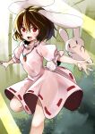  1girl :3 absurdres animal_ears bamboo bamboo_forest bangs blush breasts brown_hair carrot_necklace commentary_request dress floppy_ears foot_out_of_frame forest frilled_sleeves frills hair_between_eyes highres inaba_mob_(touhou) inaba_tewi jewelry kushidama_minaka light_beam looking_at_viewer nature necklace one-hour_drawing_challenge open_mouth outstretched_arms pink_dress puffy_short_sleeves puffy_sleeves rabbit rabbit_ears rabbit_girl rabbit_tail red_eyes ribbon-trimmed_dress running short_hair short_sleeves small_breasts smile solo spread_arms tail touhou 