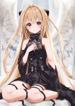  1girl absurdres angel_wings black_dress black_footwear blonde_hair boots breasts detached_sleeves dress hair_intakes hand_on_own_chest highres koisuke konjiki_no_yami long_hair looking_at_viewer medium_breasts red_eyes sitting solo thigh_strap to_love-ru to_love-ru_darkness two_side_up white_wings wings yokozuwari 