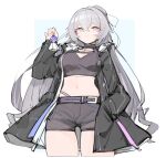  1girl absurdres belt black_jacket black_shorts blue_background bronya_zaychik bronya_zaychik_(silverwing:_n-ex) closed_mouth crop_top cropped_legs error1980 grey_eyes grey_hair hair_between_eyes hand_in_pocket highres honkai_(series) honkai_impact_3rd jacket long_hair long_sleeves midriff navel open_clothes open_jacket seele_vollerei shorts smile solo two-tone_background white_background 