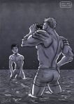  2boys alternate_costume ass bad_id bad_tumblr_id bara black_hair blonde_hair couple cris_art from_behind greyscale holding holding_eyewear hulkling looking_at_another male_focus male_swimwear marvel monochrome multiple_boys muscular muscular_male navel ocean scales short_hair sideburns smile sunglasses swim_briefs toned toned_male topless_male wading wiccan yaoi 
