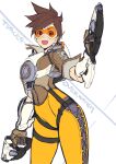  1girl :d bodysuit brown_gloves brown_hair character_name contrapposto copyright_name dual_wielding gloves goggles gun highres holding holding_gun holding_weapon kotatsu_(g-rough) looking_at_viewer overwatch red_eyes short_hair smile solo standing tracer_(overwatch) weapon yellow_bodysuit 