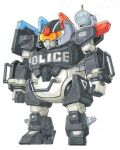  assault_visor clenched_hands full_body mecha mechatro_police mechatro_wego no_humans official_art ookawara_kunio police robot science_fiction solo standing white_background 