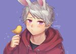  1boy amashoku64 animal_ears axis_powers_hetalia blue_background gilbird highres male_focus o3o prussia_(hetalia) purple_eyes rabbit_boy rabbit_ears sweater white_hair 