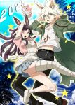  1boy 1girl 2023 :o animal_ears apron ass bandaged_leg bandages bandaid bandaid_on_knee bandaid_on_leg bangs belt black_belt black_hair black_pants blue_background breasts chain cloud danganronpa_(series) danganronpa_2:_goodbye_despair diaper dosugon from_below komaeda_nagito large_breasts long_hair messy_hair miniskirt monomi_(danganronpa) multicolored_background multicolored_hair palm_tree pants pink_shirt print_shirt puffy_short_sleeves puffy_sleeves rabbit_ears shirt shoes short_sleeves skirt socks star_(symbol) teeth tongue tree tsumiki_mikan two-tone_hair upper_teeth_only white_apron white_shirt 