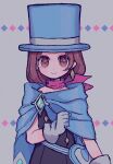  1girl ace_attorney blue_headwear blush brown_eyes brown_hair cape closed_mouth dress earrings gloves grey_background hat highres jewelry looking_at_viewer mameeekueya red_scarf scarf short_hair simple_background single_earring smile solo top_hat trucy_wright upper_body white_gloves 