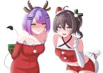  2girls bare_shoulders blue_eyes blush breasts brown_hair demon_tail fake_horns gloves hair_ornament highres hololive horns iris_angel12xii looking_at_viewer medium_breasts multiple_girls natsuiro_matsuri navel open_mouth purple_hair shirt short_hair simple_background smile tail tail_ornament thighhighs thighs tokoyami_towa virtual_youtuber 