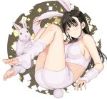  1girl animal_ears arm_warmers bangs black_hair breasts chinese_zodiac commentary_request crop_top extra_ears feet highres leg_warmers legs legs_up long_hair looking_at_viewer medium_breasts midriff off_shoulder original rabbit rabbit_ears rabbit_tail red_eyes shorts sideboob sleeveless_turtleneck_crop_top smile solo tail toes tsurui white_background white_shorts year_of_the_rabbit 