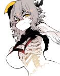  1girl axehorn_(ssambatea) breasts closed_mouth clothes_lift grey_hair highres large_breasts looking_at_viewer medium_hair original pointy_ears shirt_lift simple_background solo ssambatea translucent_skin white_background yellow_eyes 