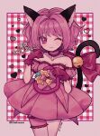  1girl :3 animal_ears bare_shoulders bell blush bow cat_ears cat_tail choker detached_sleeves dress gloves heart highres jingle_bell looking_at_viewer magical_girl mameeekueya mew_ichigo one_eye_closed pink_choker pink_eyes pink_hair puffy_sleeves red_gloves short_hair smile solo tail tail_bell tail_bow tail_ornament tokyo_mew_mew 