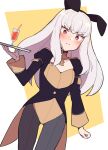  1girl adapted_costume animal_ears ass_visible_through_thighs bangs blush do_m_kaeru fake_animal_ears fire_emblem fire_emblem:_three_houses flat_chest frown holding holding_tray long_hair lysithea_von_ordelia nontraditional_playboy_bunny red_eyes seamed_legwear solo tray white_hair 