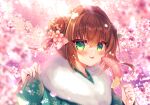  1girl :p asakura_yume bangs blue_kimono blurry blurry_foreground blush bow branch brown_hair chocolate_banana closed_mouth commentary_request da_capo da_capo_ii depth_of_field double_bun floral_print flower food fur_collar green_eyes hair_between_eyes hair_bow hair_bun hair_flower hair_intakes hair_ornament hands_up holding holding_food japanese_clothes kimono long_hair long_sleeves looking_at_viewer pink_bow pink_flower print_kimono sleeves_past_wrists smile solo suzunone_rena tongue tongue_out upper_body wide_sleeves 