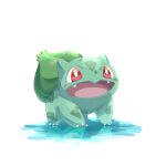  :d bright_pupils bulbasaur claws commentary_request fangs full_body no_humans open_mouth pokemon pokemon_(creature) red_eyes s_(happycolor_329) smile solo white_background white_pupils 