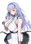  1girl apron azur_lane black_hairband black_skirt breasts center_frills commentary dido_(azur_lane) frilled_apron frills from_above hairband hand_on_own_chest highres large_breasts light_purple_hair long_hair looking_at_viewer looking_up m-&gt;g maid purple_eyes shirt sideboob simple_background skirt solo waist_apron white_apron white_background white_shirt 