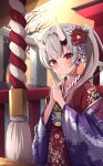  1girl blush collarbone flower fumi_(fumibeing) grey_hair hair_flower hair_ornament hatsumoude highres hololive horns japanese_clothes kimono looking_at_viewer multicolored_hair nakiri_ayame oni oni_horns outdoors own_hands_together red_eyes red_hair red_kimono shrine side_ponytail smile solo streaked_hair virtual_youtuber 