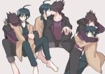  2boys absurdres ahoge alternate_costume bangs black_hair black_pants black_shirt blush brown_cardigan brown_eyes brown_hair cardigan closed_eyes collarbone collared_shirt commentary_request danganronpa_(series) danganronpa_v3:_killing_harmony grey_background hair_between_eyes highres hug hug_from_behind kiss knees_up male_focus momota_kaito multiple_boys pants profile purple_shirt saihara_shuuichi shirt simple_background smile spiked_hair visket53 yaoi 