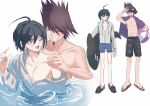  2boys :d absurdres ball bangs beachball black_footwear black_hair black_male_swimwear blue_male_swimwear brown_eyes closed_eyes collarbone commentary_request danganronpa_(series) danganronpa_s:_ultimate_summer_camp danganronpa_v3:_killing_harmony facial_hair goatee grey_background grey_jacket grin hair_between_eyes hand_up highres holding holding_ball hood hooded_jacket inflatable_orca inflatable_toy jacket looking_at_another looking_back male_focus male_swimwear momota_kaito multiple_boys multiple_views off_shoulder official_alternate_costume saihara_shuuichi sandals shoes smile spiked_hair teeth toy visket53 yaoi 