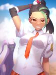  1girl black_gloves blue_sky blush breasts collared_shirt dark-skinned_female dark_skin elbow_gloves fingerless_gloves freckles gloves goodra grin hair_pulled_back high_ponytail holding holding_poke_ball long_hair looking_at_viewer medium_breasts minami_koyogi multicolored_hair naranja_academy_school_uniform necktie nemona_(pokemon) orange_necktie orange_shorts poke_ball poke_ball_(basic) pokemon pokemon_(game) pokemon_sv school_uniform shirt short_sleeves shorts sky smile streaked_hair white_shirt 